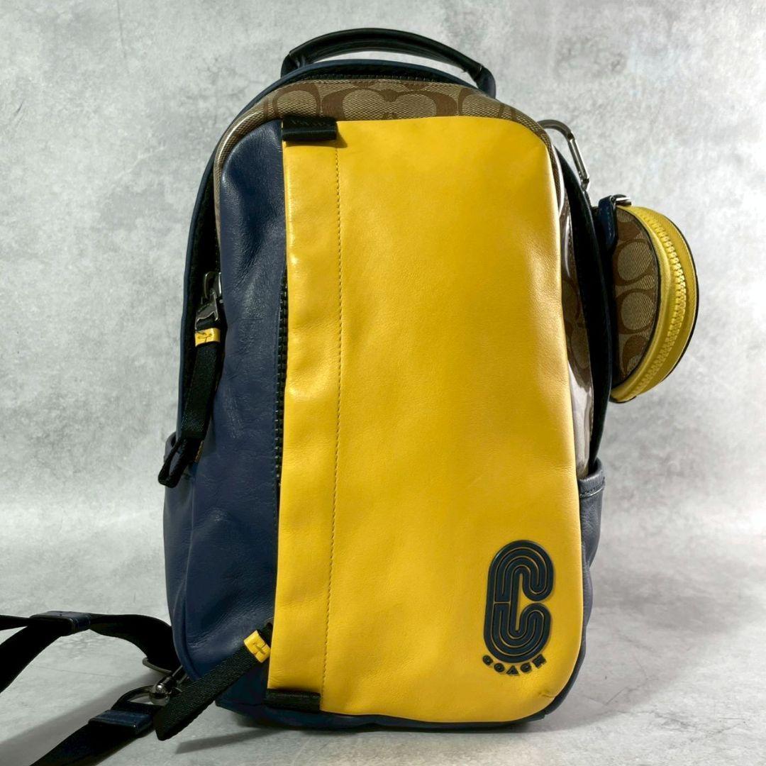 極美品 コーチ エッジパック ボディバッグ ビジネス レザー ロゴ イエロー 紺
