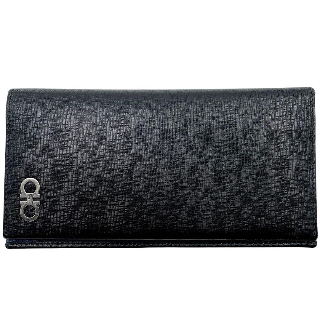 【極上美品】フェラガモ ダブルガンチーニ 金具 レザー 本革 ブラック 長財布