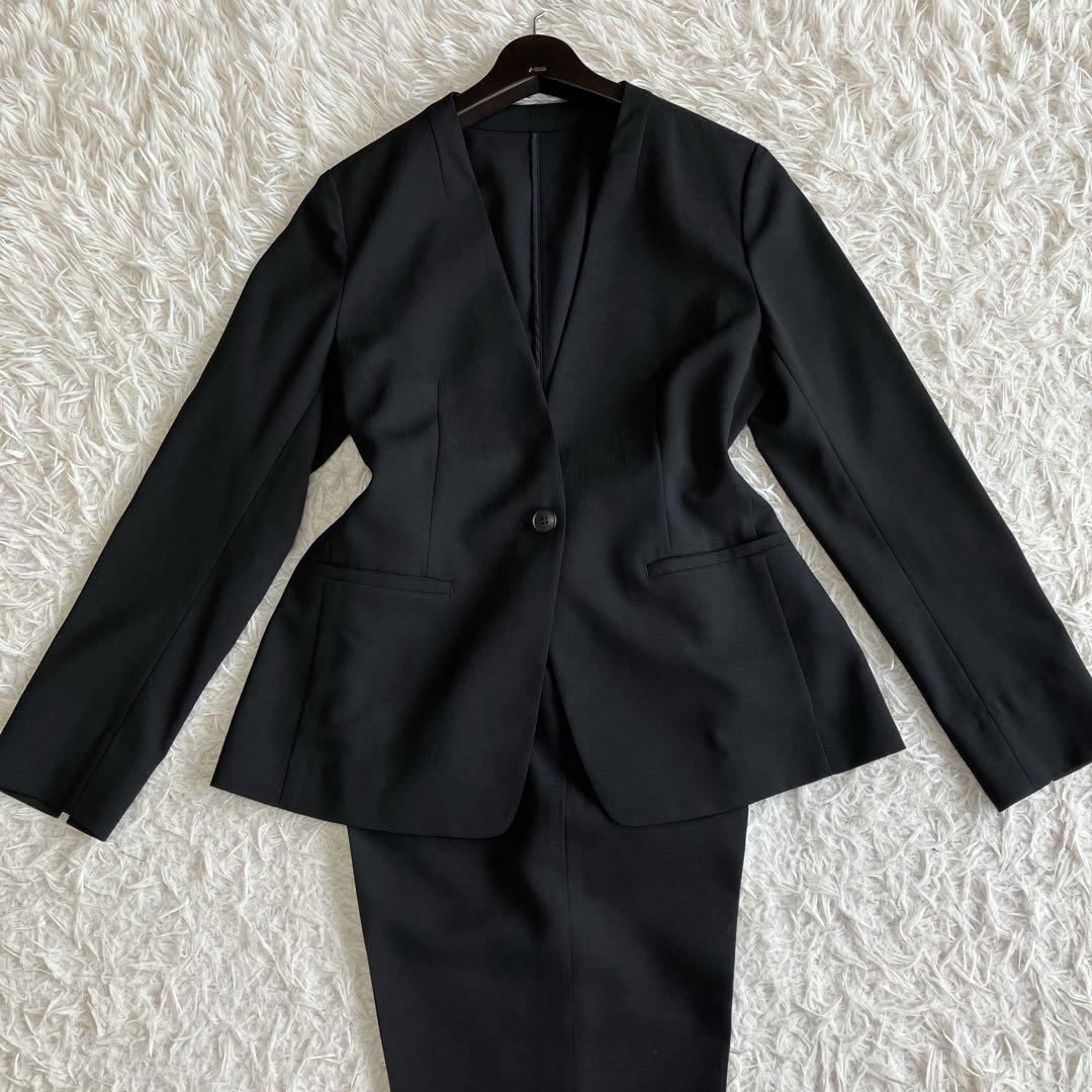 極美品 INDIVI 洗える ノーカラージャケット パンツスーツ ブラック 40