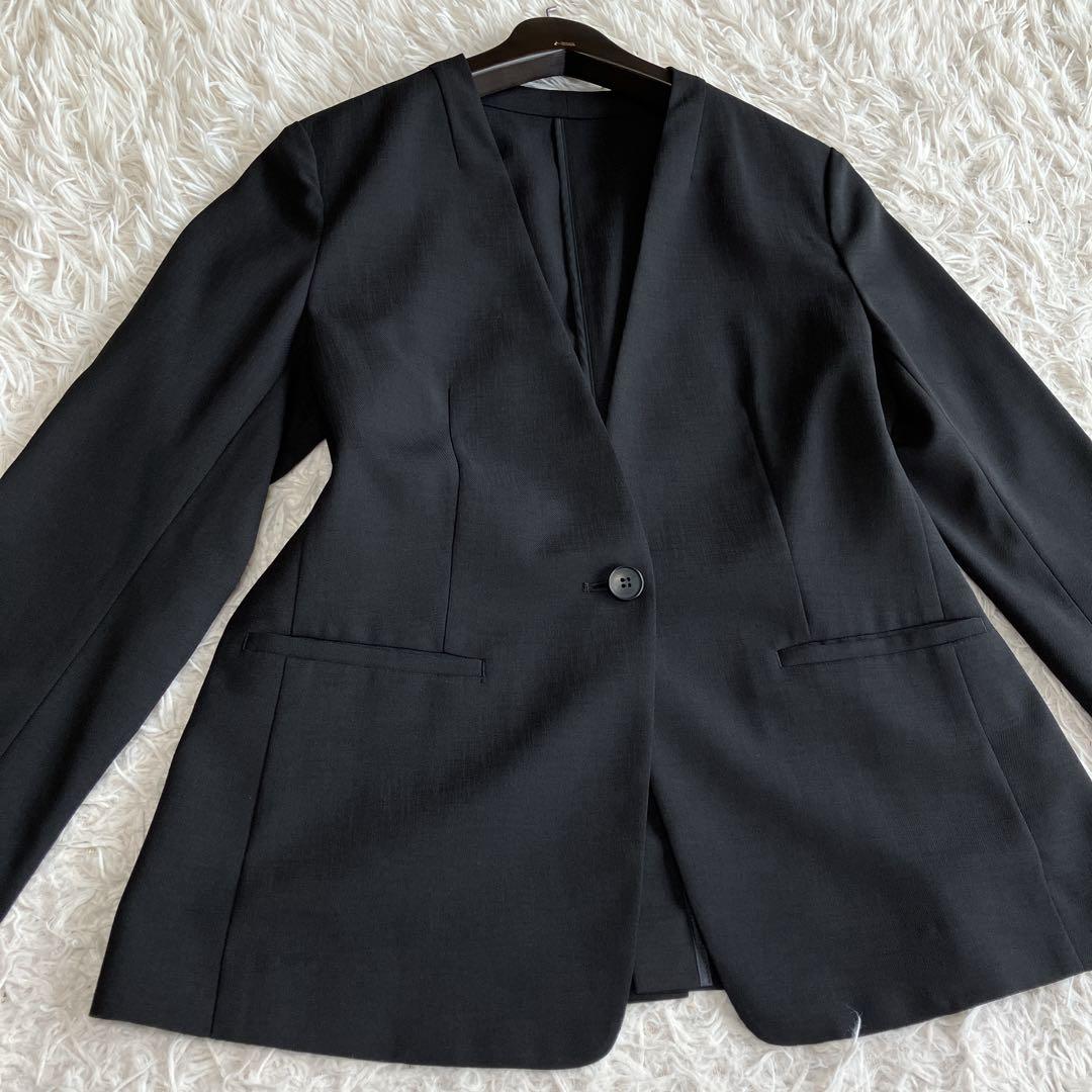 極美品 INDIVI 洗える ノーカラージャケット パンツスーツ ブラック 40