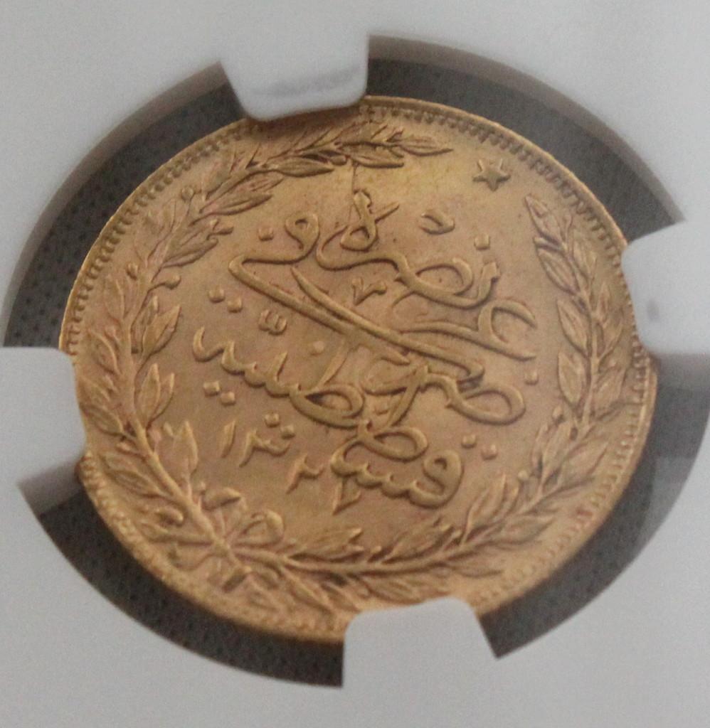 千*可様 AH1327//9 オスマン・トルコ帝国 100クルシュ 金貨 NGC