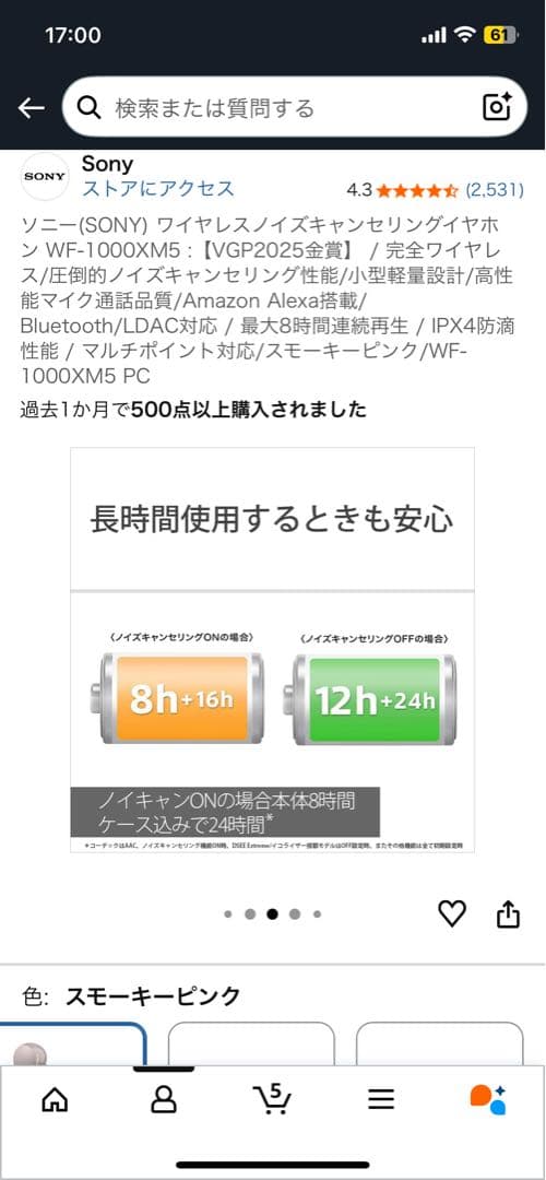 Sony WF-1000XM5 ワイヤレスイヤホン スモーキーピンク