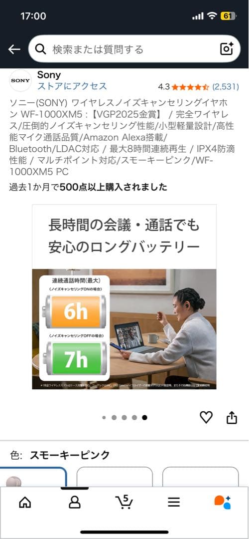 Sony WF-1000XM5 ワイヤレスイヤホン スモーキーピンク