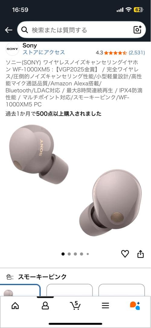 Sony WF-1000XM5 ワイヤレスイヤホン スモーキーピンク