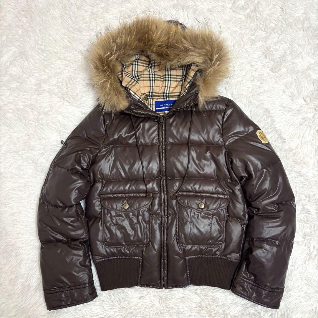 バーバリーブルーレーベル ファー ダウンジャケット ノバチェック ブラウン　40
