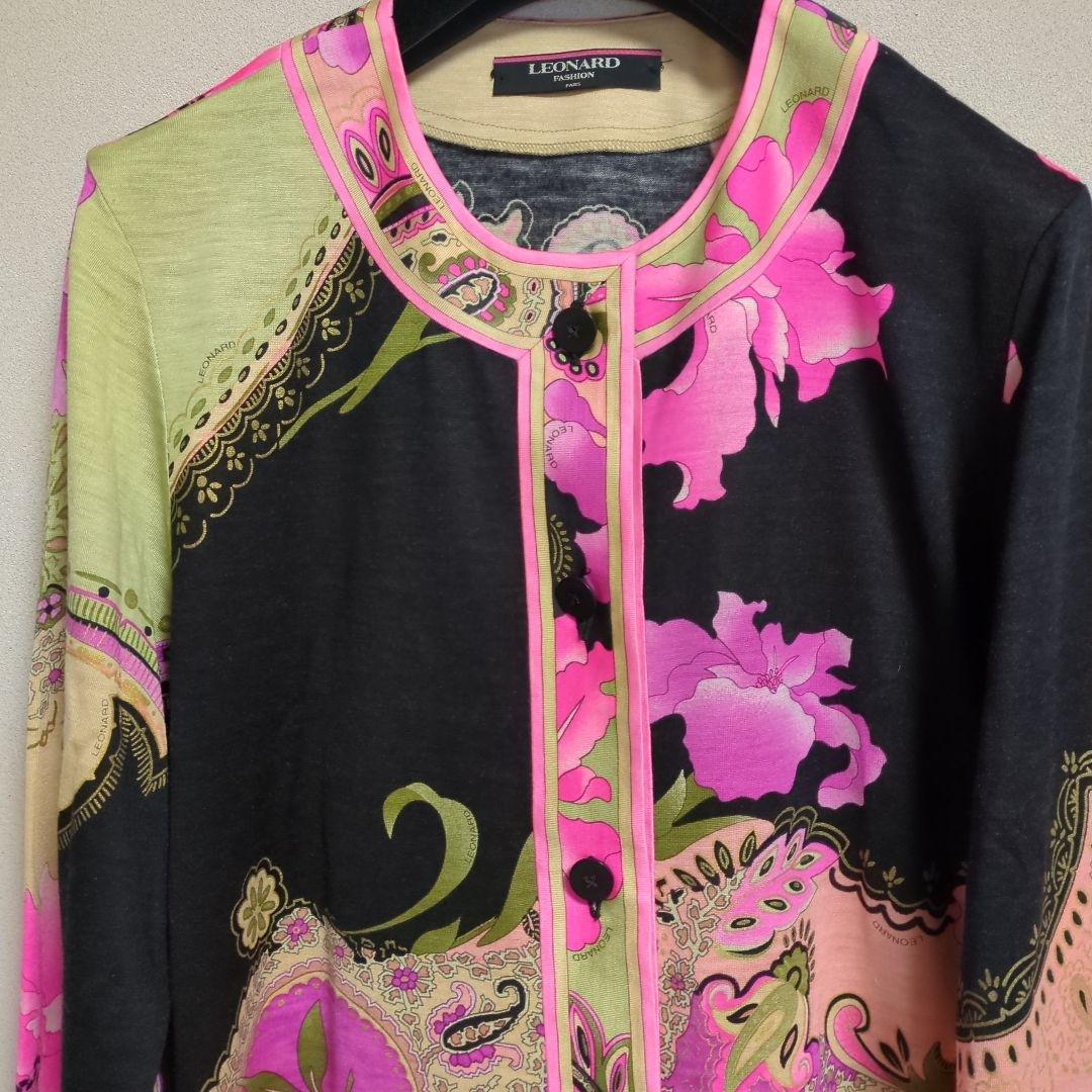 LEONARD シルクウール　フラワーパターン カーディガン　LL