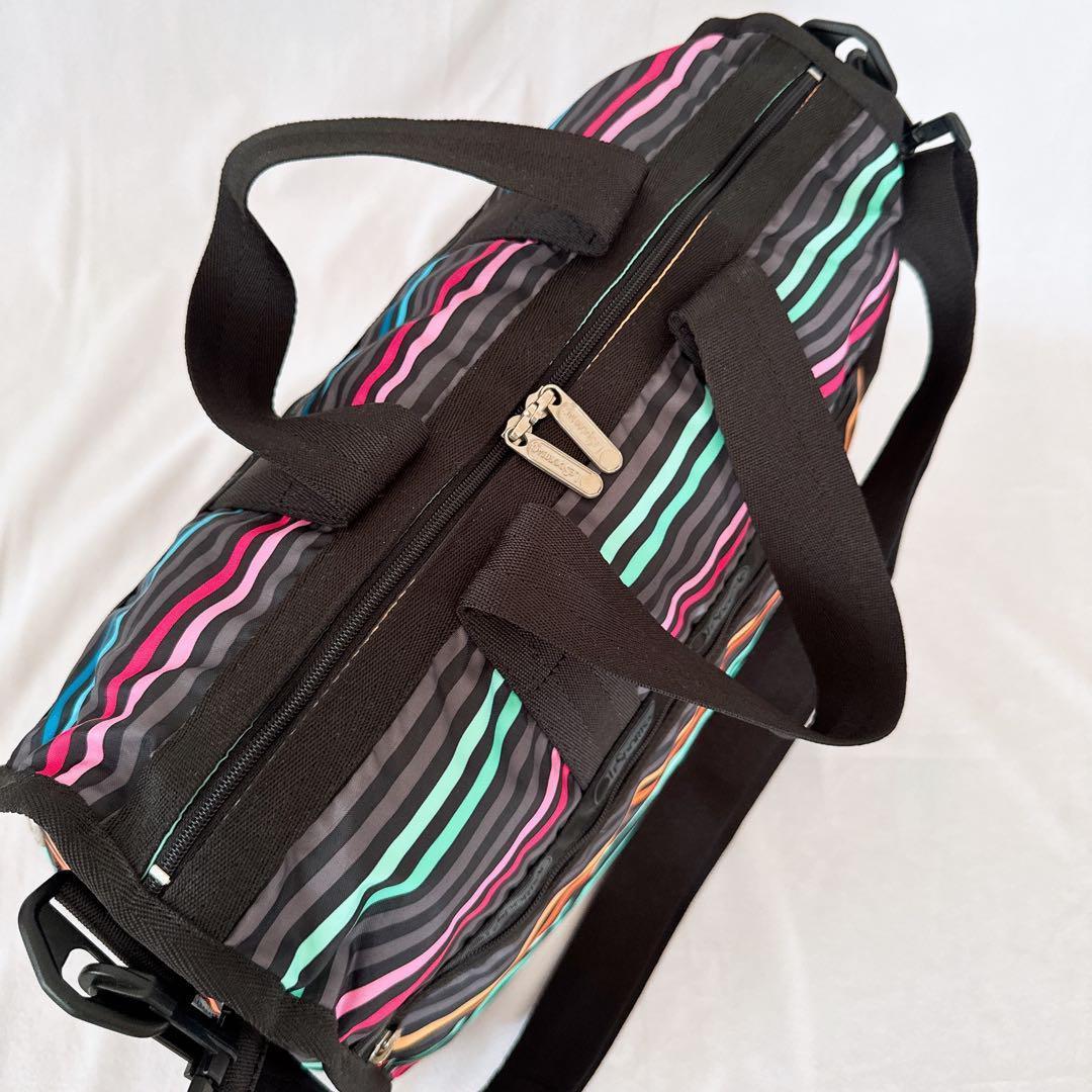 極美品ポーチ付きレスポートサック レストライプ ブラック ボストンバッグ黒 緑