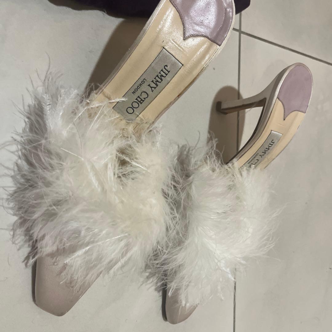 Jimmy Choo ベージュ ファー シルクサテン ミュール