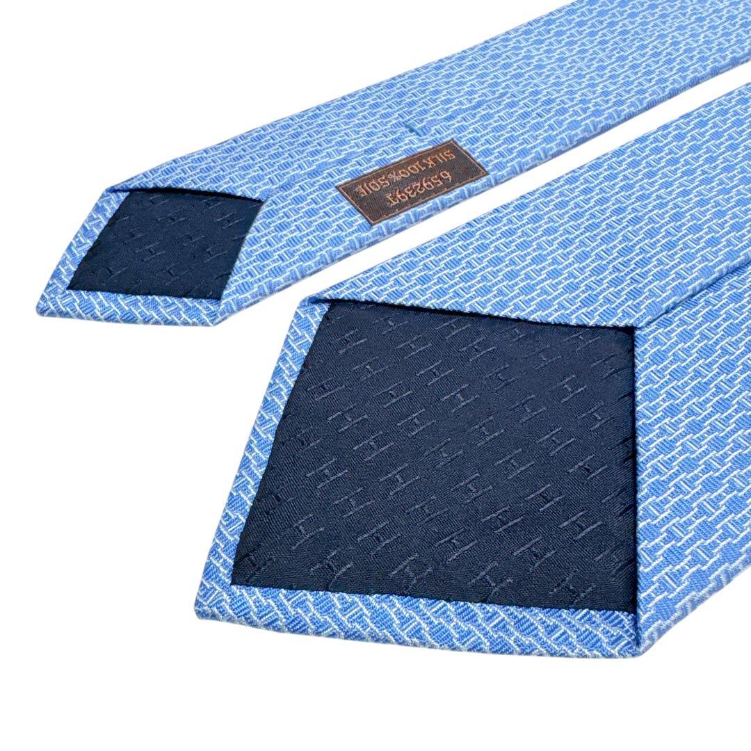 HERMES エルメス ネクタイ 水色 ファソネ Hロゴ ジャガード 肉厚