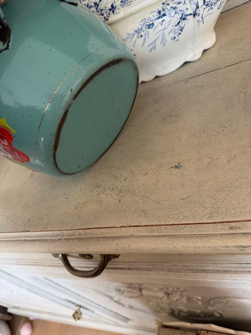 フランスアンティークチェリー柄鮮やかなブルーグリーンのキャセロールスーピエール