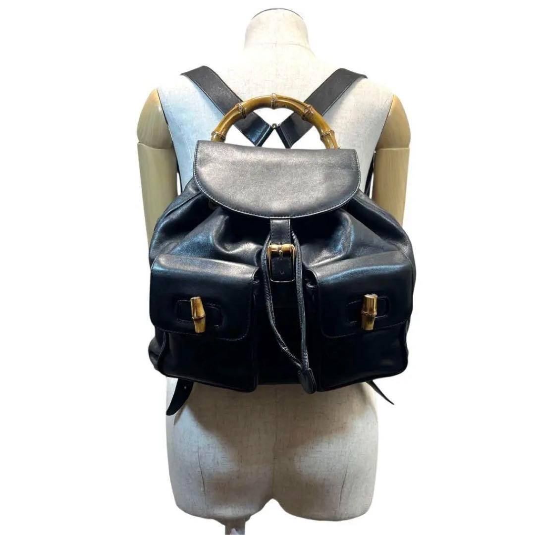 グッチ バンブー リュック バックパック レザー リュックサック 巾着 ブラック