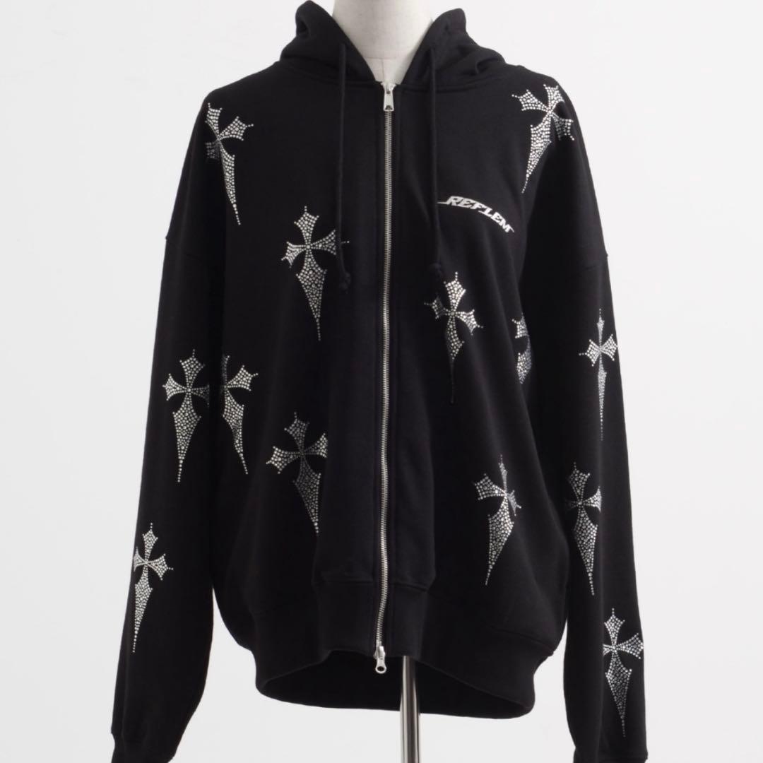 REFLEM レフレム 十字架 ラインストーン クロス パーカー 黒 シルバー