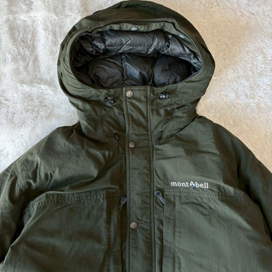 モンベル ローガンダウンジャケット XLサイズ ロゴ フード カーキグリーン 緑