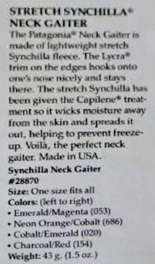 89年 USA製 パタゴニア ストレッチ シンチラ ネックゲーター