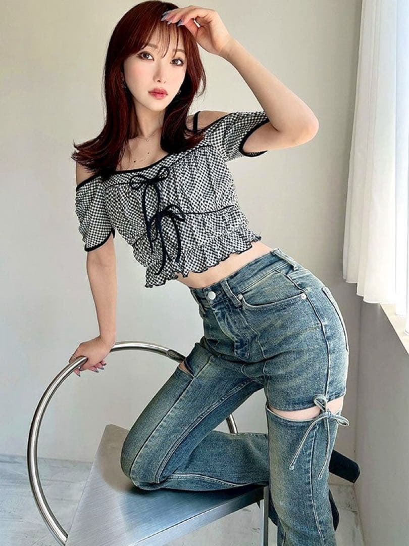 RESEXXY リゼクシー　カットアウトリボンデニムパンツ ブルー Sサイズ