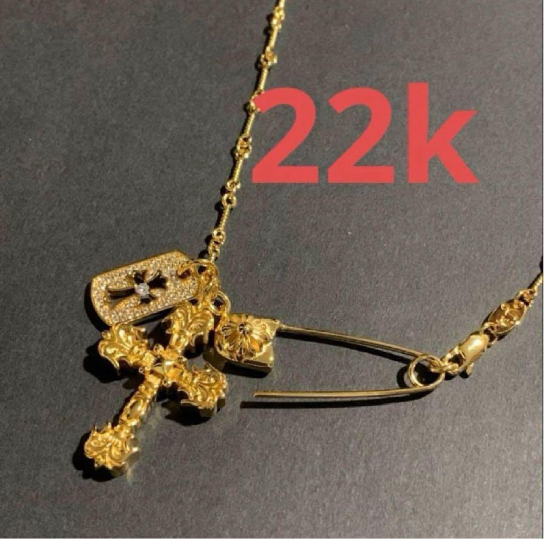 22kゴールド クロス　安全ピン ネックレス