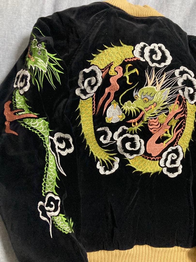 80s90s OLDヒューストン Houston別珍スカジャン黒 龍 M