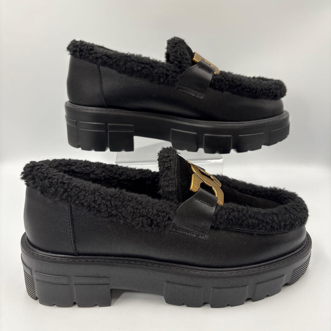 【未使用級】ヒルズアベニュー 厚底ローファー ムートン ボア チェーン 23.5