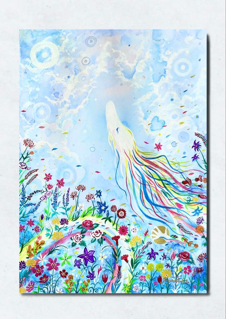 ありりん0703☆ 秋の花々と虹龍 絵画 アクリル画 開運絵画 龍ノツカイ