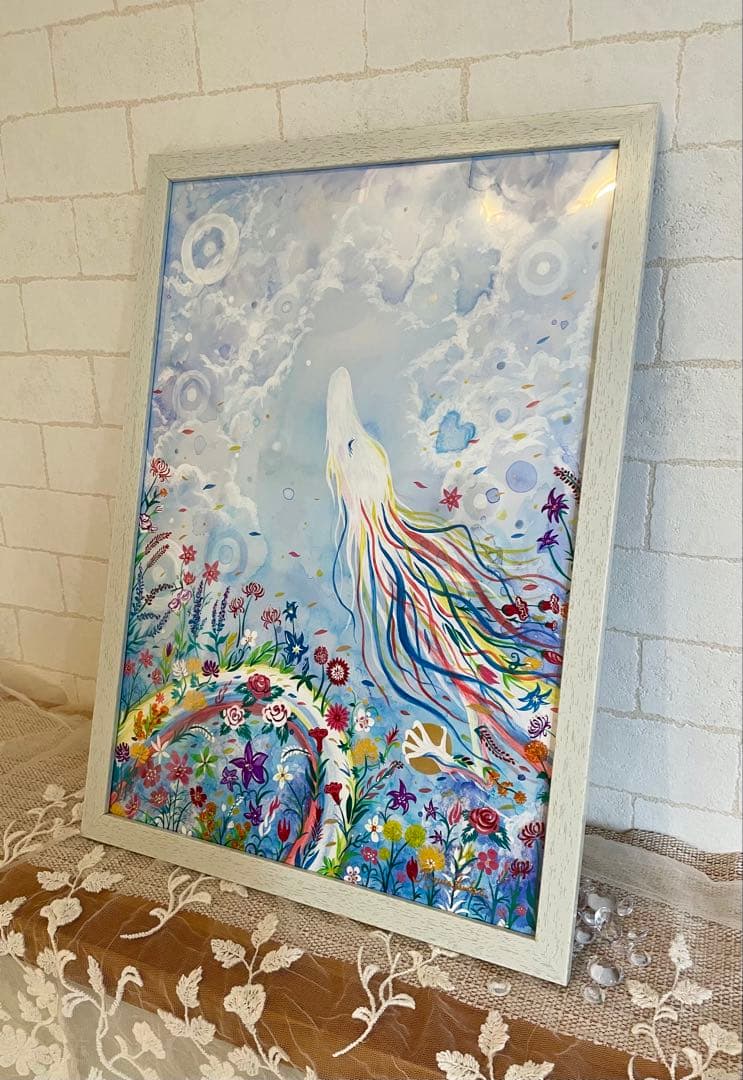ありりん0703☆ 秋の花々と虹龍 絵画 アクリル画 開運絵画 龍ノツカイ