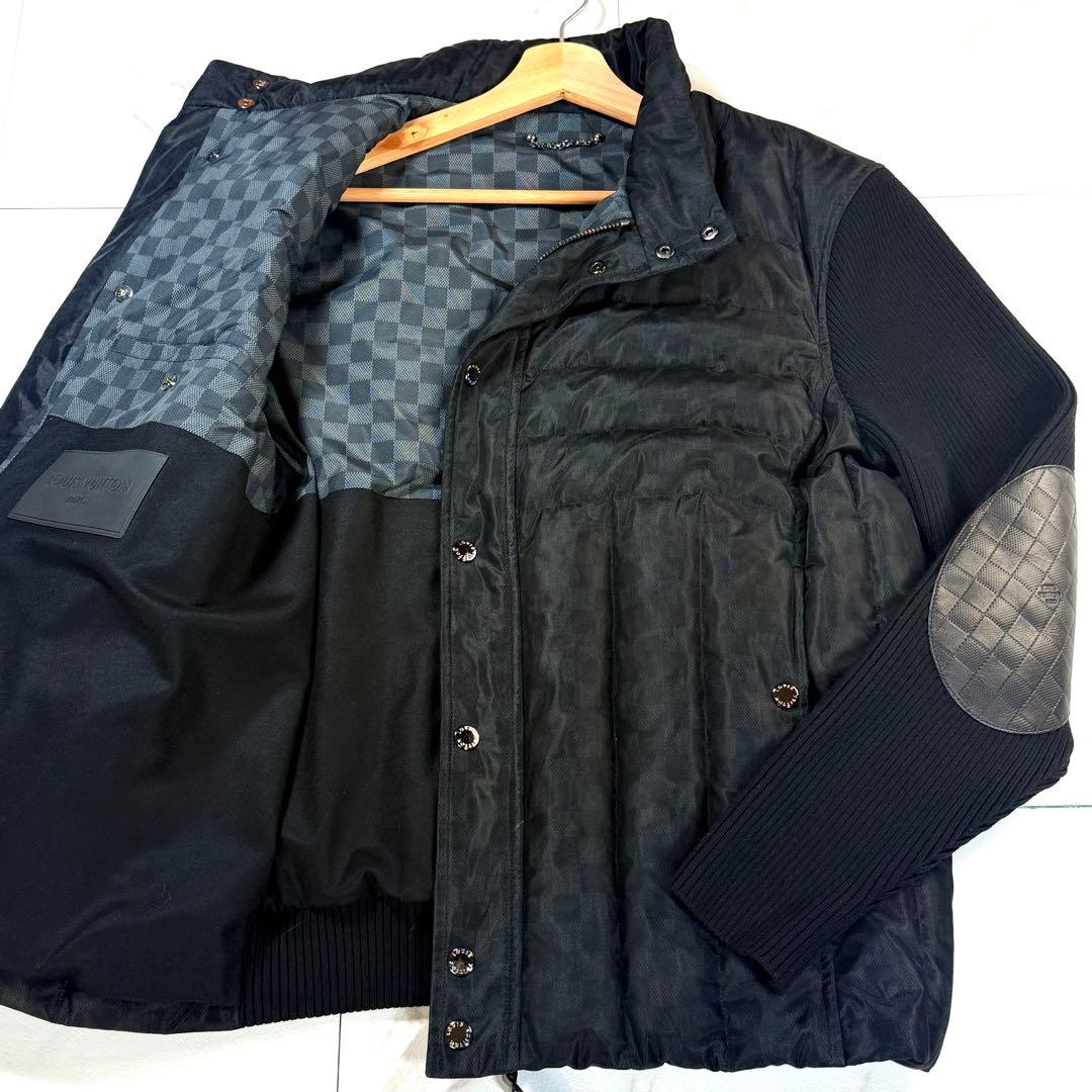 【極美品/XL】ルイヴィトン ダミエ柄 ダウンジャケット カウレザー ニット 黒