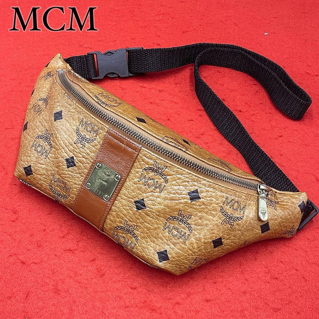 【美品】MCM ヴィセトス柄 ウエストポーチ ロゴ ゴールド金具 レザー