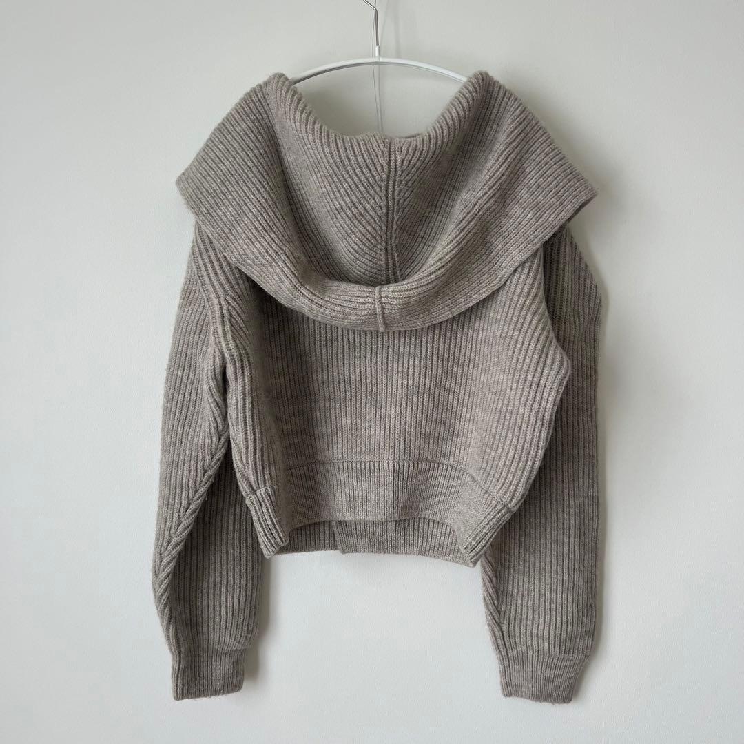 グレー リブ編み フード付きカーディガン