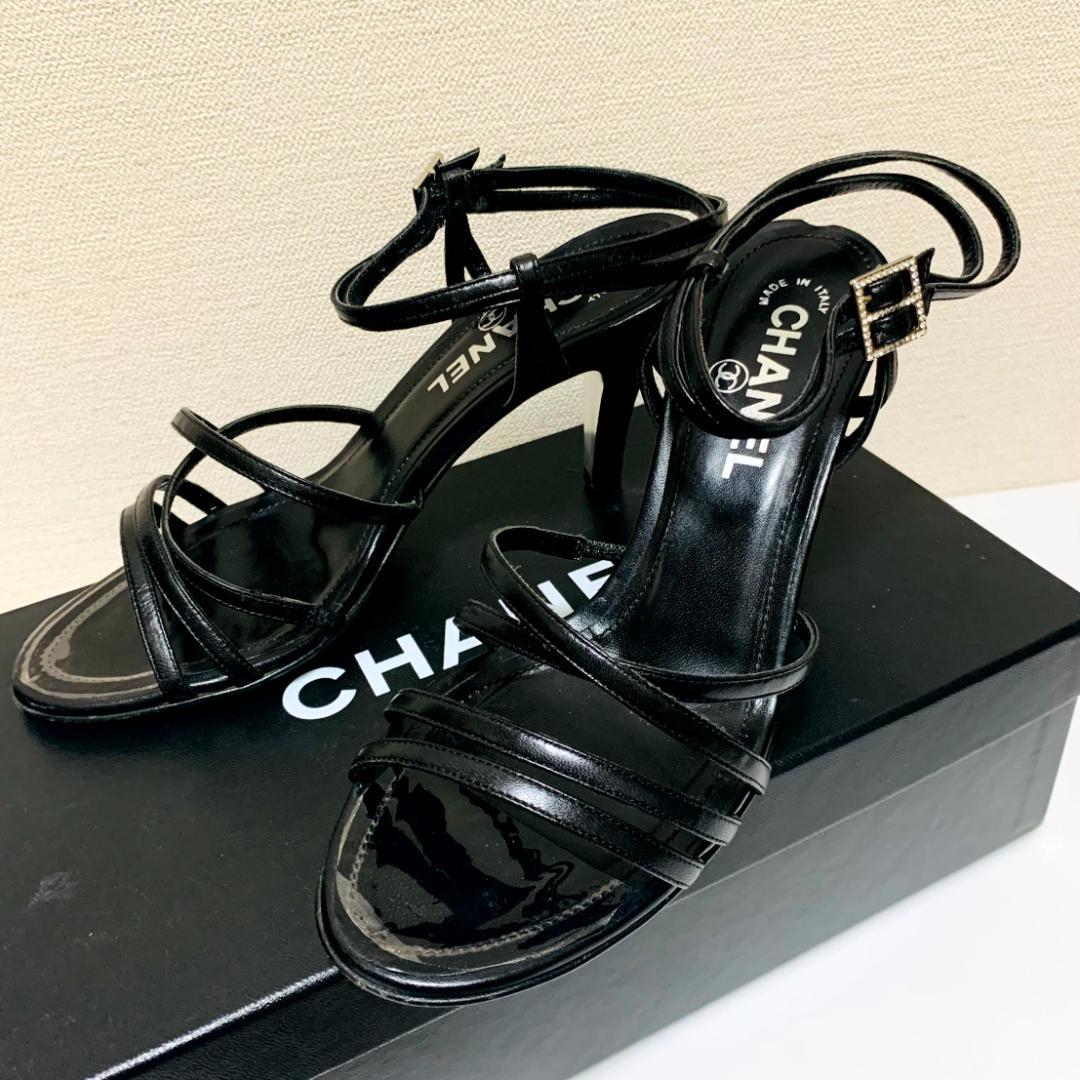 シャネル 黒 ストラップ　サンダル ヒール イタリア製　CHANEL