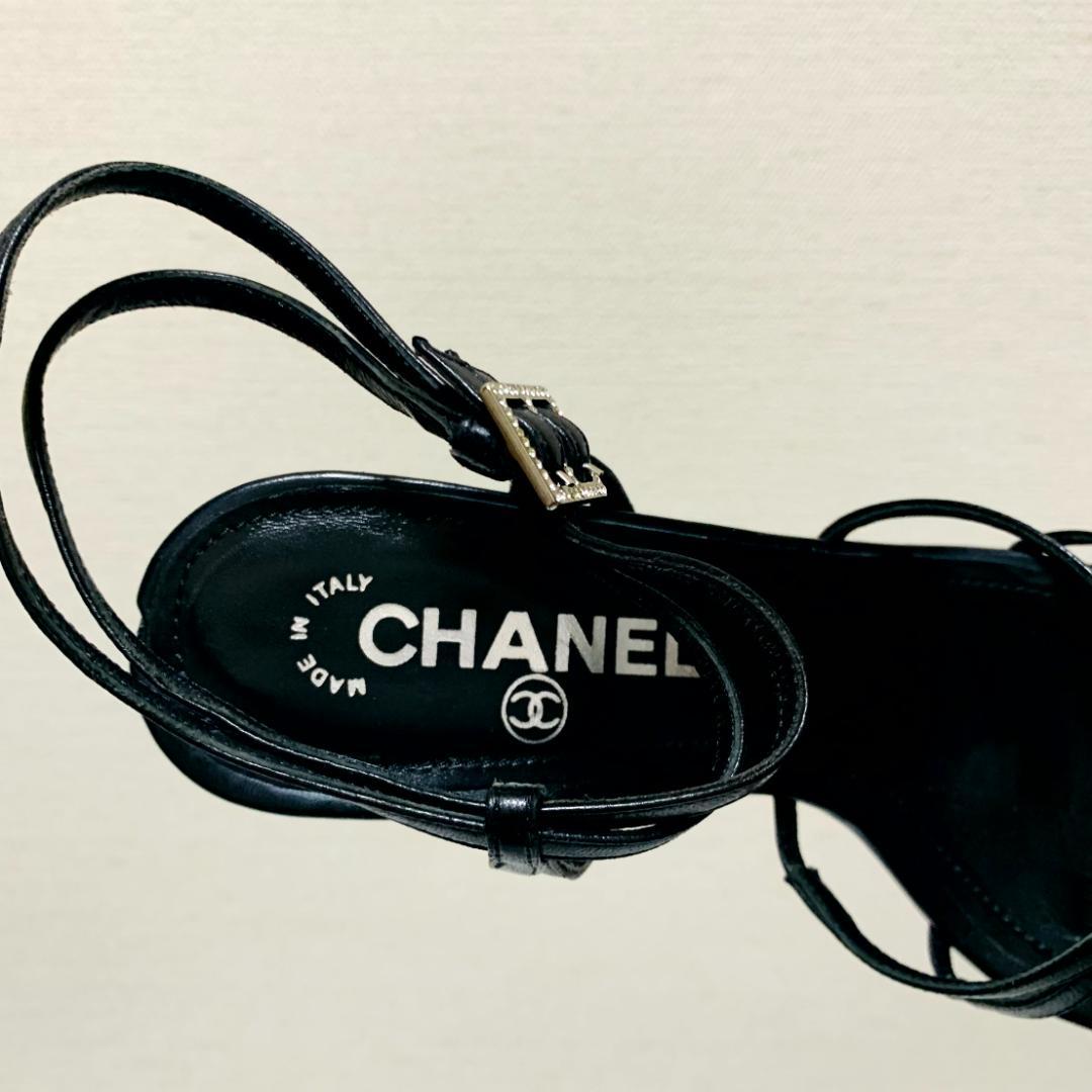 シャネル 黒 ストラップ　サンダル ヒール イタリア製　CHANEL