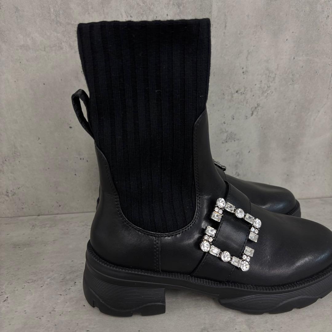 ここ +diana リブ ニット ショート ブーツ ビジュー バックル付