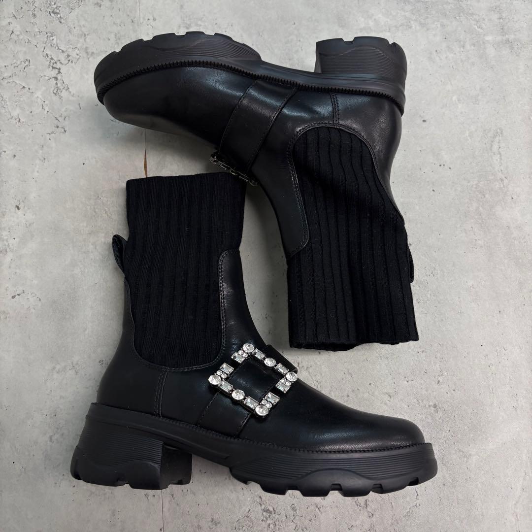 ここ +diana リブ ニット ショート ブーツ ビジュー バックル付