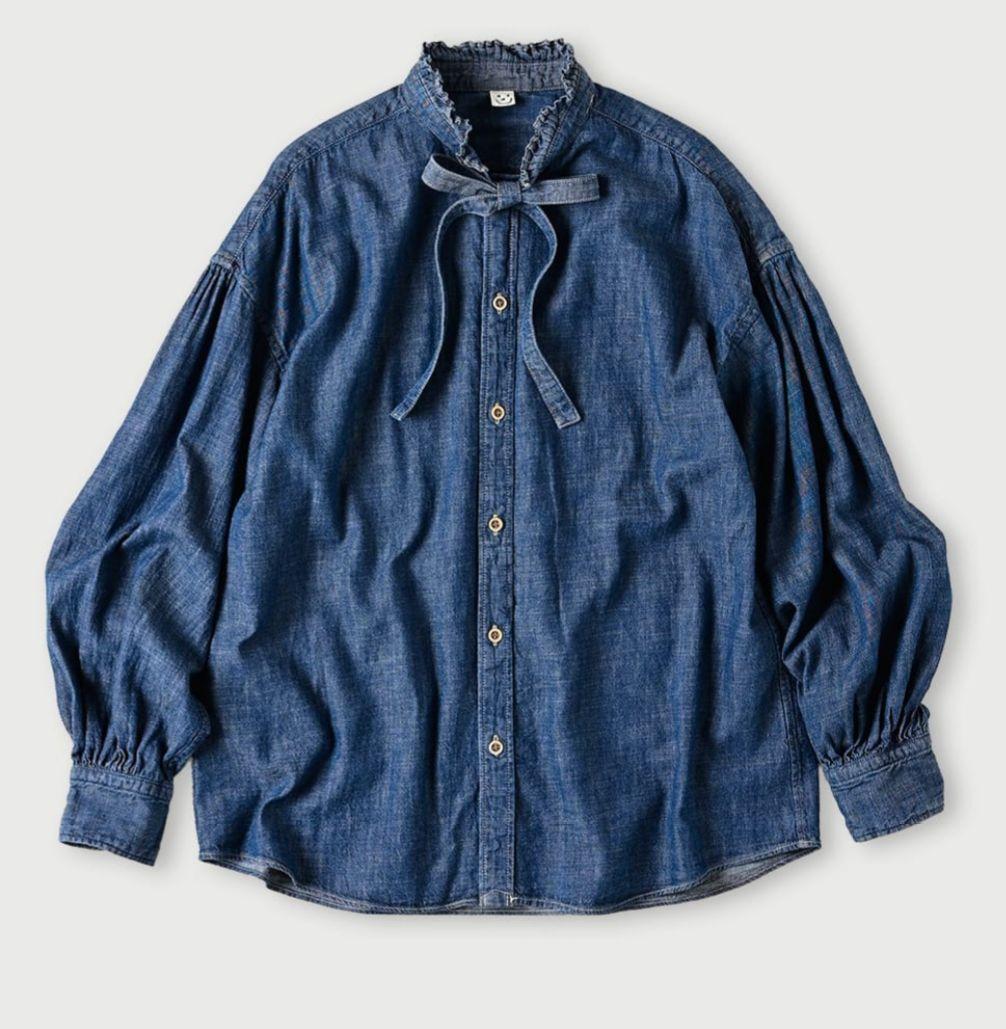 45R 瑠璃ダンガリーデニムのボウタイクッペシャツ（加工）