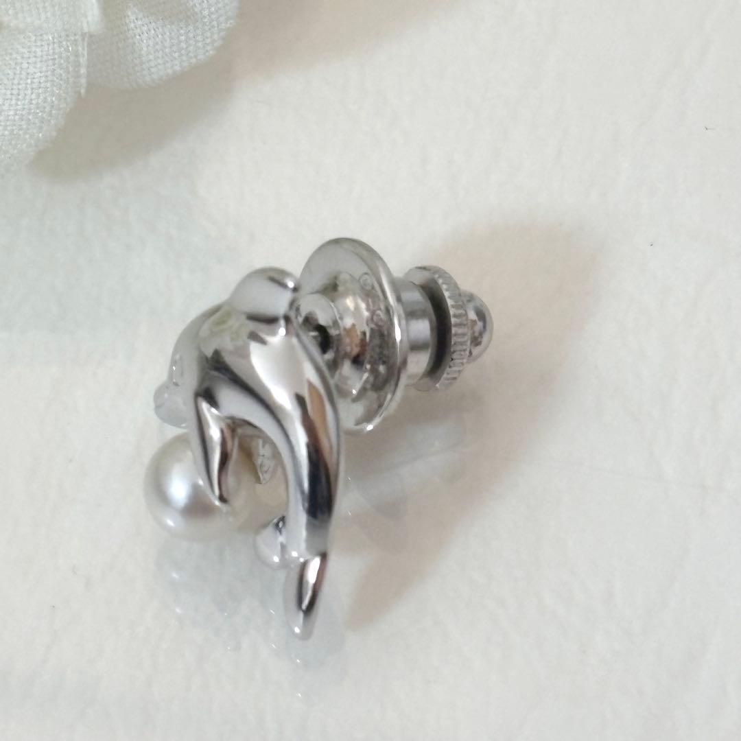 024【ミキモト】シルバー　パール　ピンブローチ　イルカ