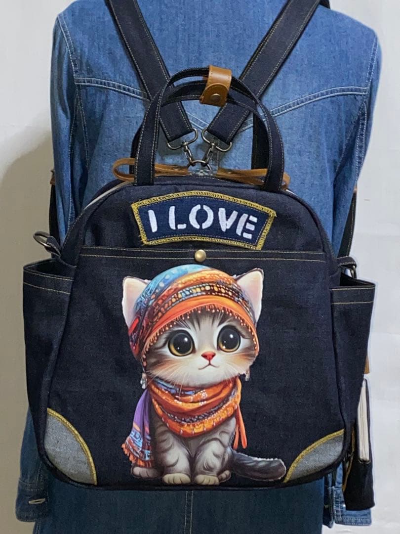 ☆岡山デニム☆ステンシル☆トラネコ☆子猫☆4wayボストンバッグ