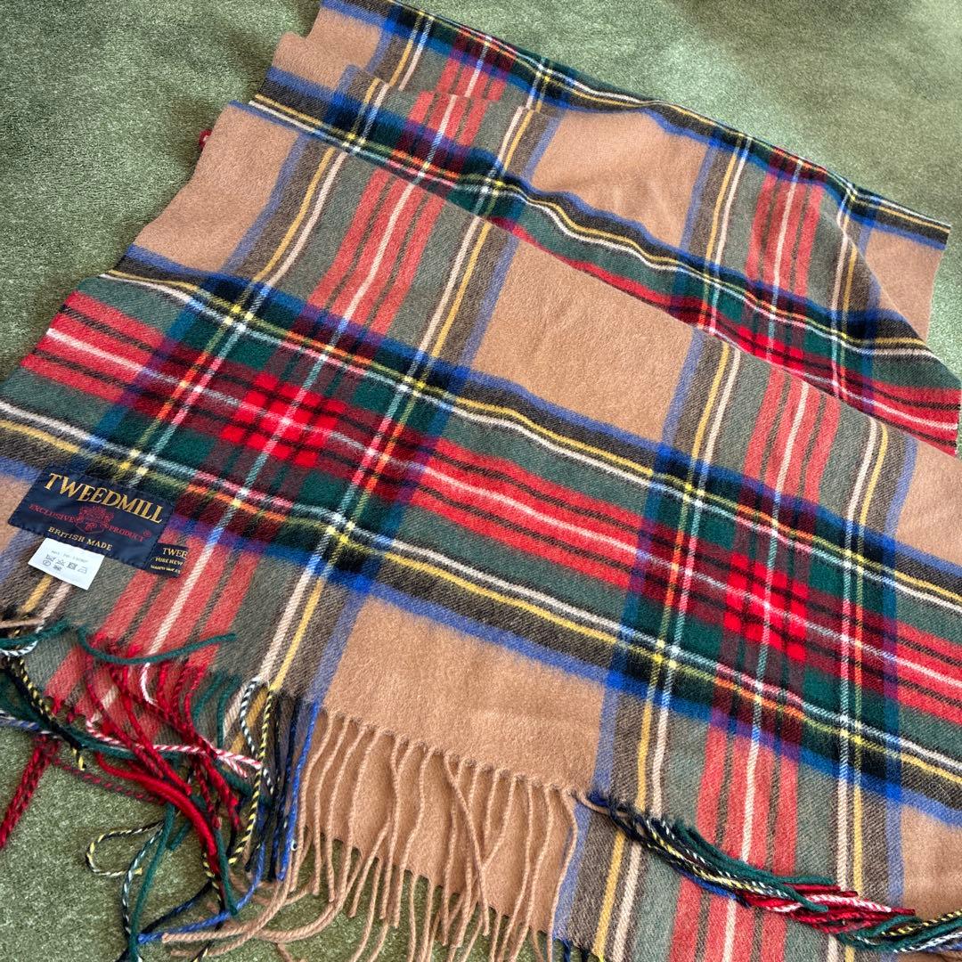 美品！TWEEDMILL カラフルチェックストール ベージュ　大判