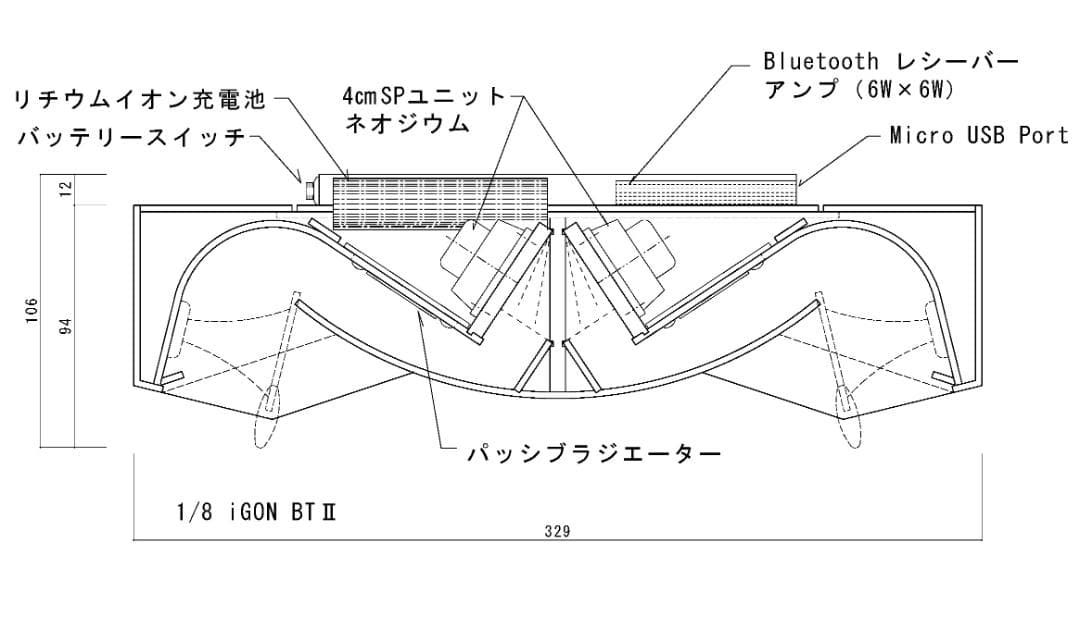 ワイヤレススピーカー　パラゴン1/8 （Bluetooth 充電池電源内蔵）