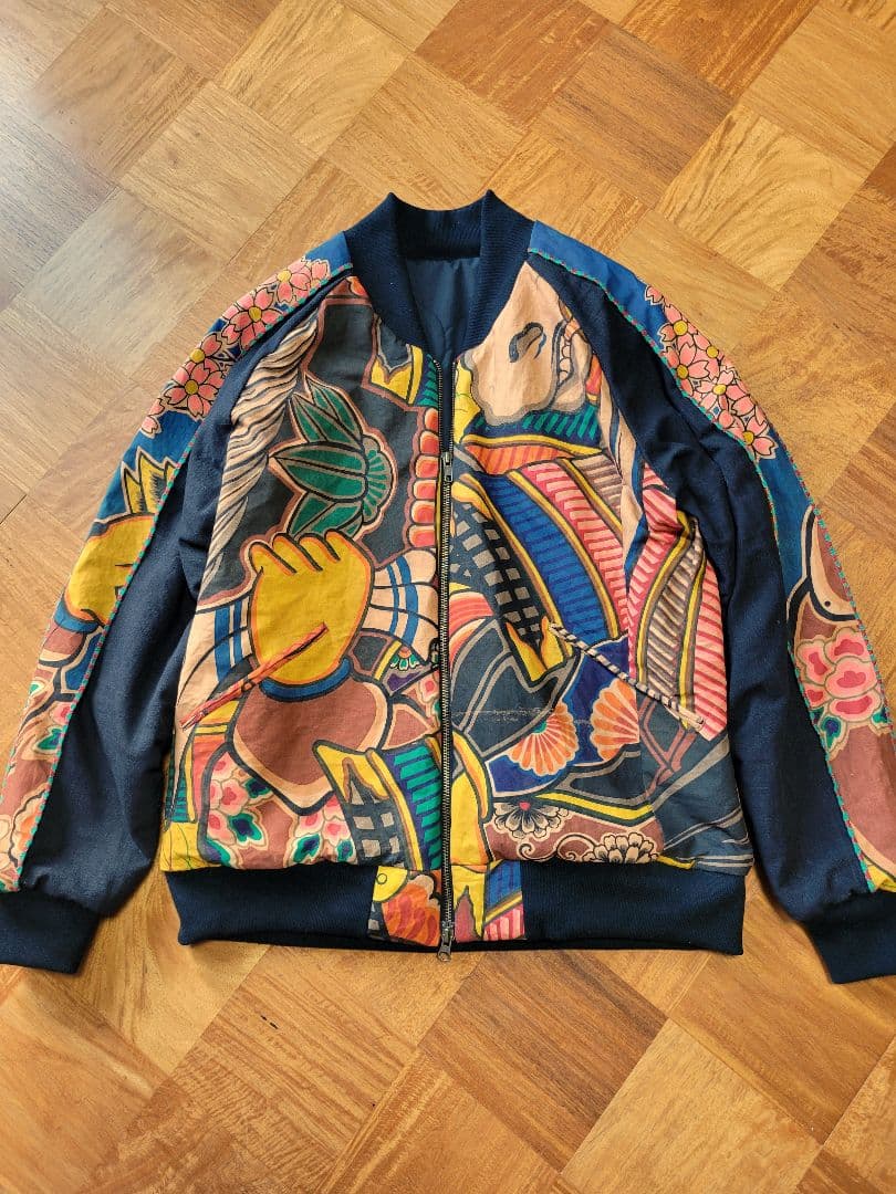 め0124古布リメイク木綿幟旗柿渋染ジップアップスカジャンハンドメイド着物アロハ