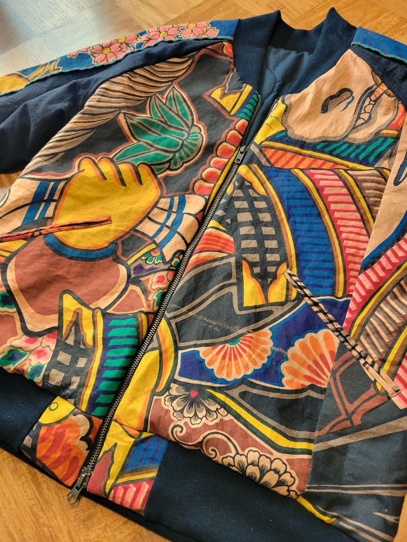 め0124古布リメイク木綿幟旗柿渋染ジップアップスカジャンハンドメイド着物アロハ