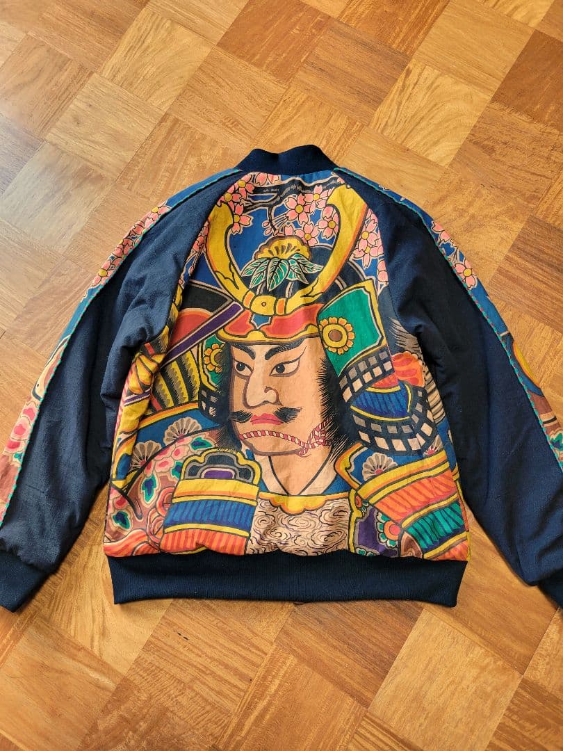 め0124古布リメイク木綿幟旗柿渋染ジップアップスカジャンハンドメイド着物アロハ