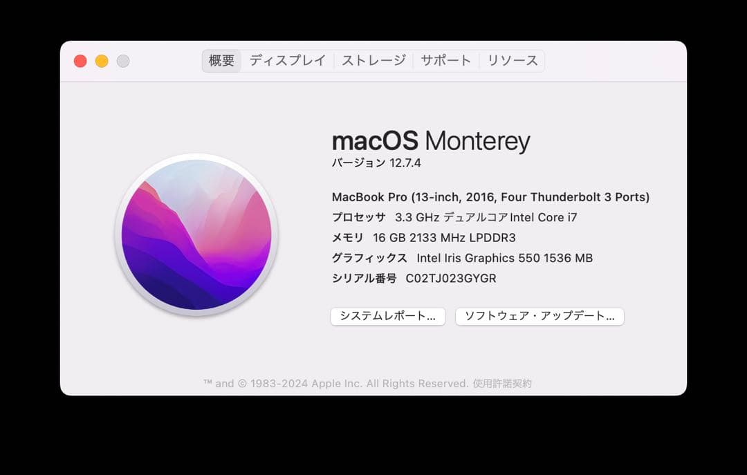 MacBook Pro 13インチ 2016 （16GB 256GB USキー）