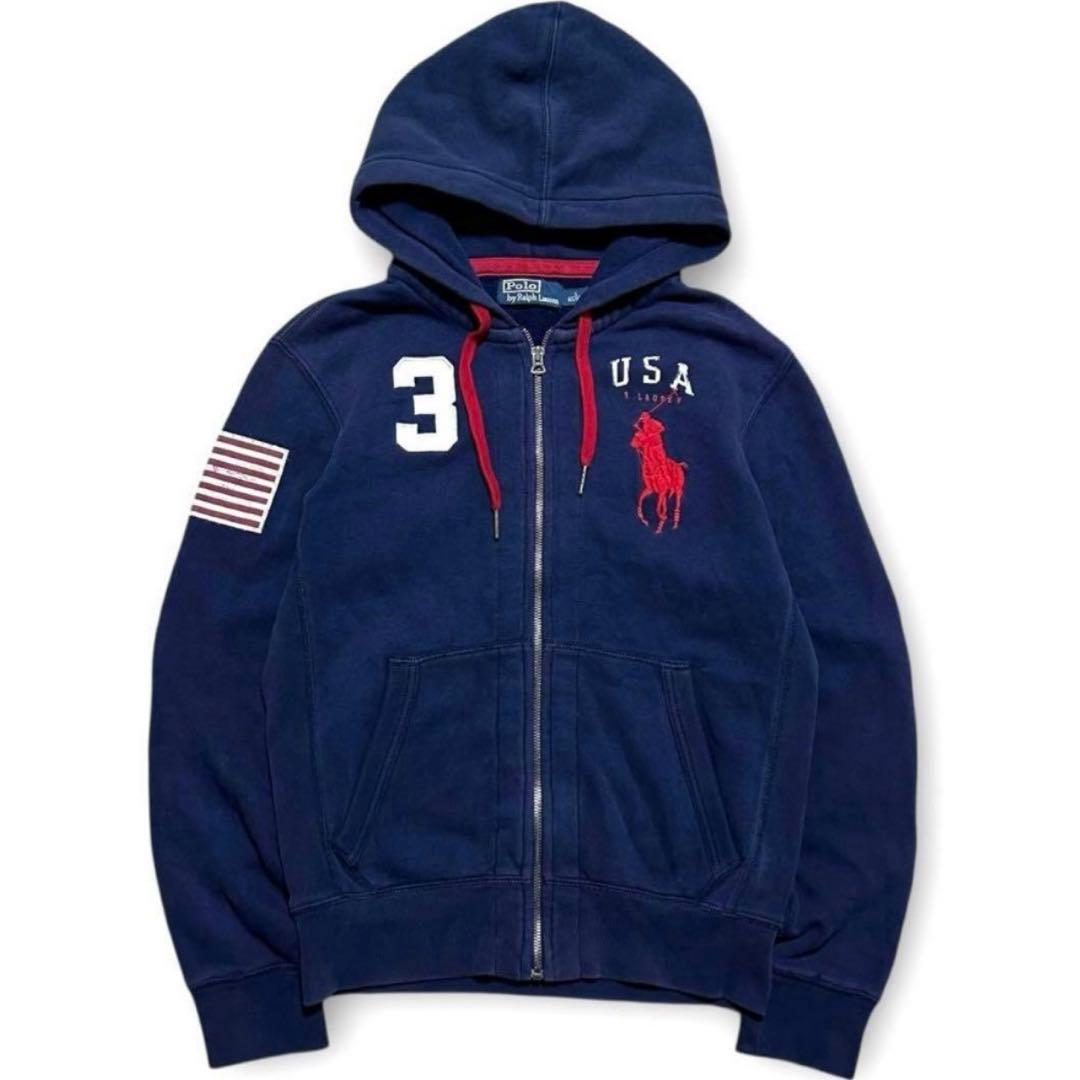 割引済！90s ラルフローレン 国旗 刺繍 ビッグポニー 短丈 ジップ パーカー