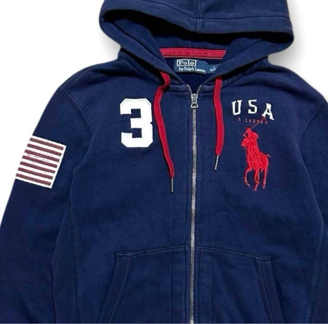 割引済！90s ラルフローレン 国旗 刺繍 ビッグポニー 短丈 ジップ パーカー