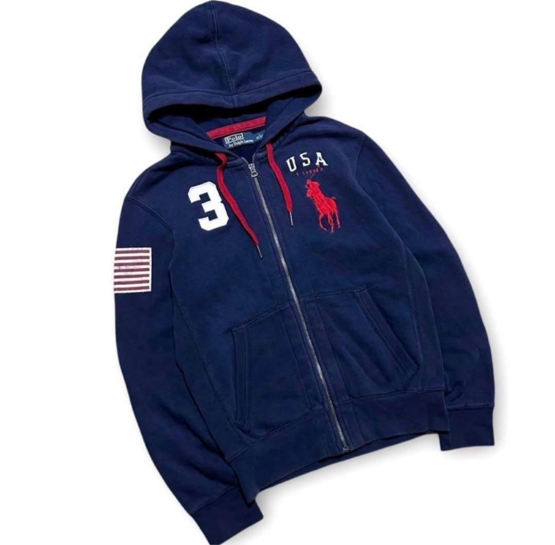 割引済！90s ラルフローレン 国旗 刺繍 ビッグポニー 短丈 ジップ パーカー