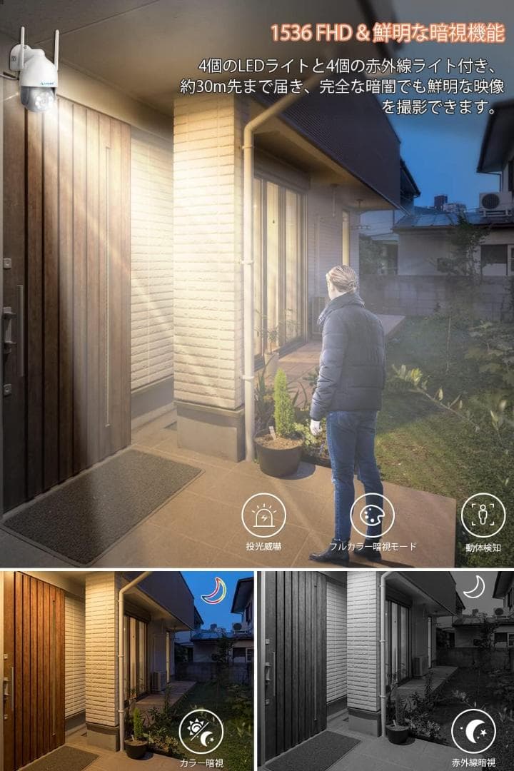 500万画素対応・360°全方位監視・夜間カラー撮影 防犯カメラ2台セット