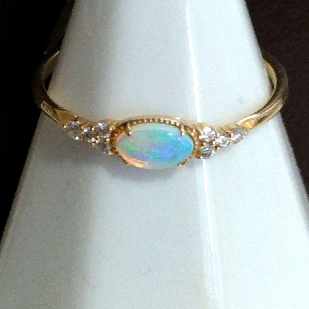 アガット K10 ダイヤモンド オパール リング 13号 遊色 オーロラ 美品