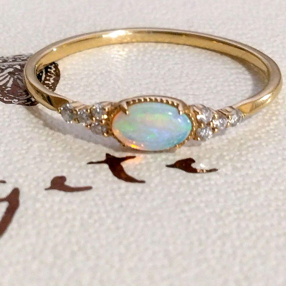 アガット K10 ダイヤモンド オパール リング 13号 遊色 オーロラ 美品