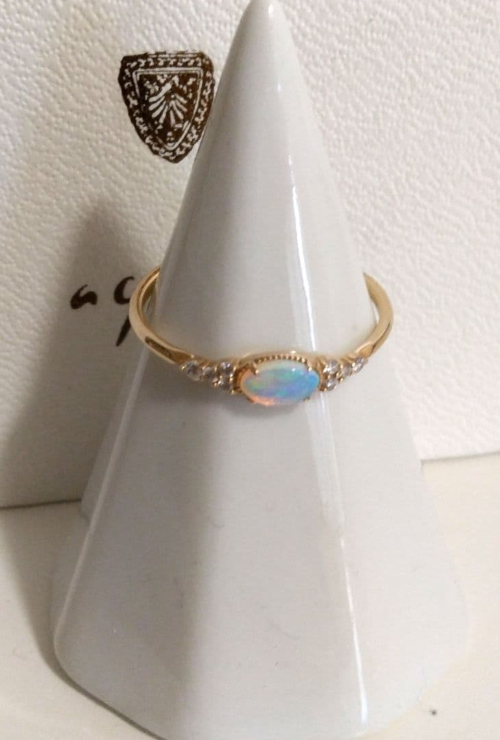 アガット K10 ダイヤモンド オパール リング 13号 遊色 オーロラ 美品