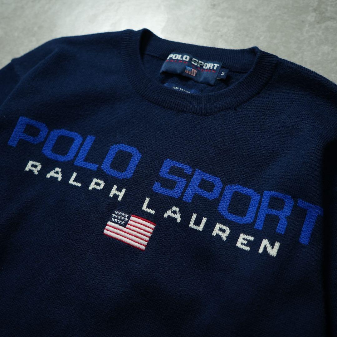 当時モノ 90s POLO SPORT ニット 星条旗 香港製 ネイビー