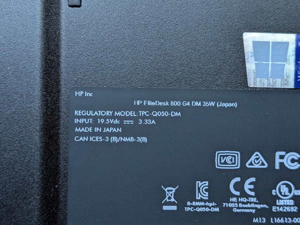 ミニPC HP EliteDesk 800 G4 DM i5-8600T/8G/256G