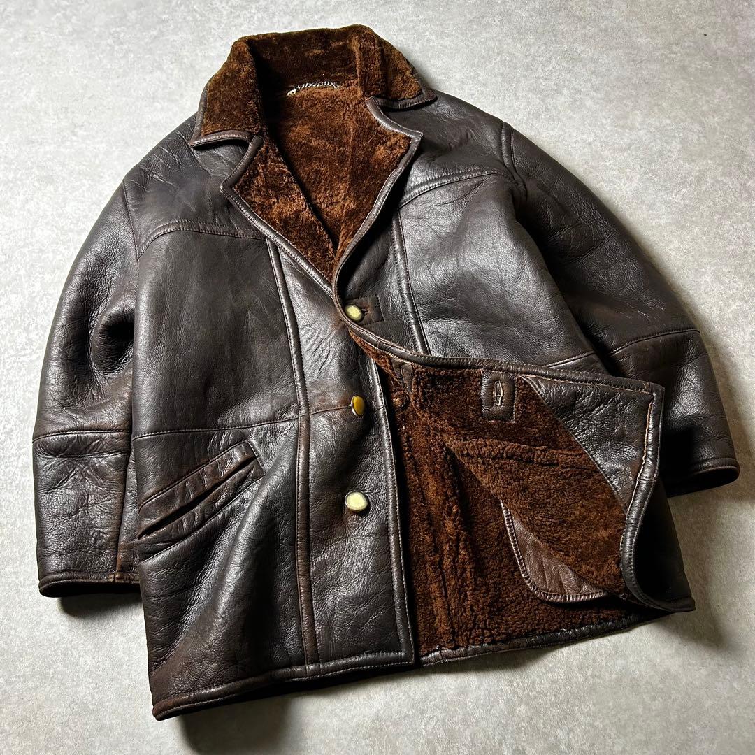 極暖】vintage ムートンボアギャングコート ラムスキン シープ レザー茶芯